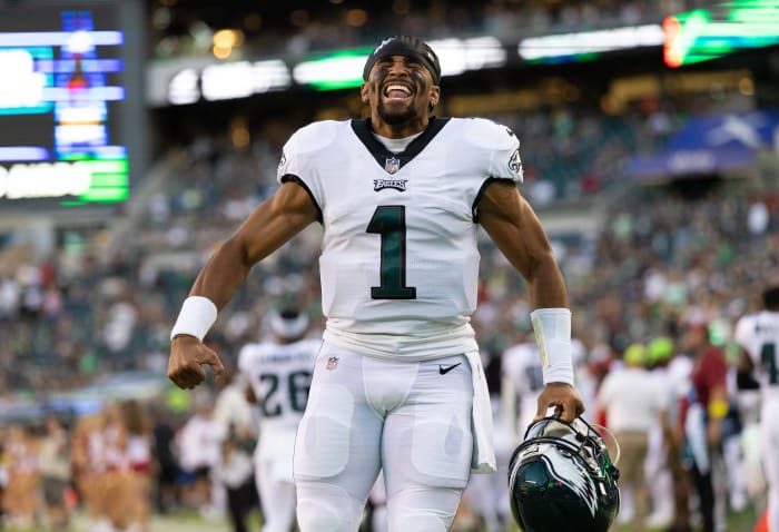 Philadelphia Eagles quarterback Jalen Hurts (1) reacts as his team takes the field for a game against the New York Jets at Lincoln Financial Field.